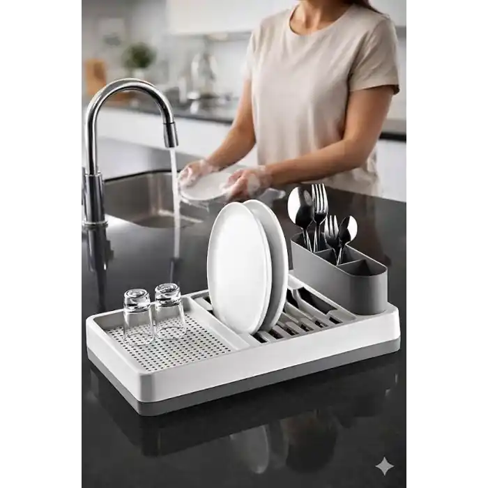 AQUA Pratik Tezgah Üstü Bulaşıklık Tabaklık Kurutmalık - Dayanıklı Plastik Çok Bölmeli Mutfak Düzenleyici Organizer, Kaşıklıklı Geniş Bölmeli Bulaşık Kurutma Rafı, 42x26x6 cm (GRİ)