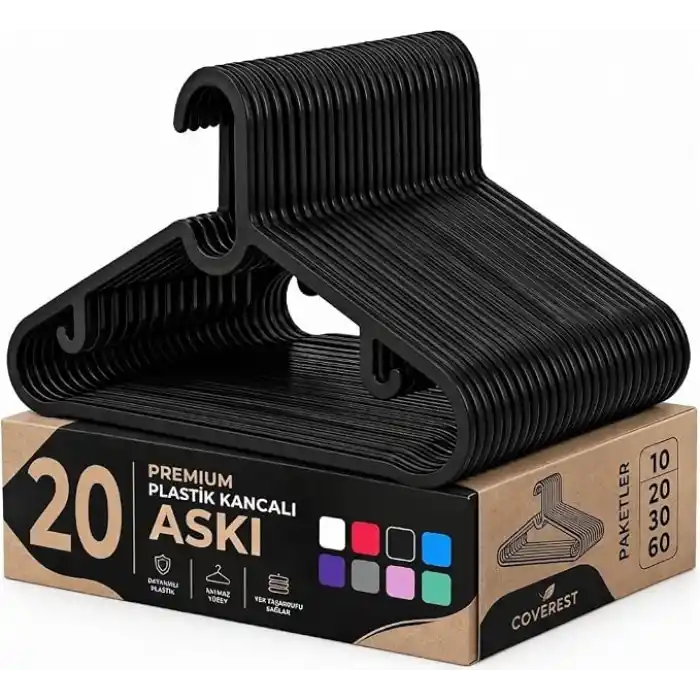 Coverest 20 Adet Slim Plastik Elbise Askısı, Gardrop İçin Alan Tasarruflu Pantolon Gömlek Ceket Etek Askısı, Kıyafet Askısı, 38.5 cm x 18 cm (20, SİYAH)