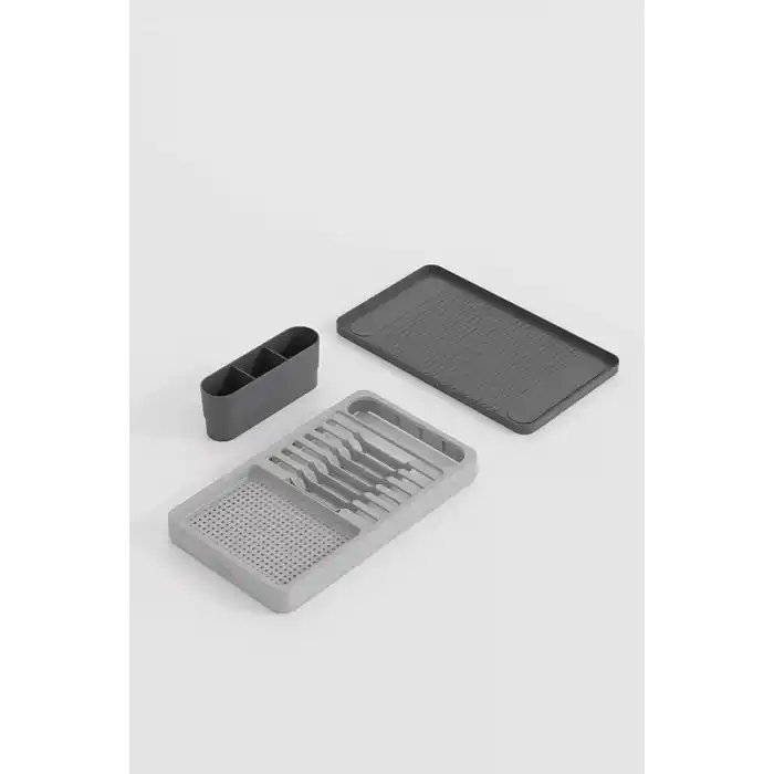 AQUA Pratik Tezgah Üstü Bulaşıklık Tabaklık Kurutmalık - Dayanıklı Plastik Çok Bölmeli Mutfak Düzenleyici Organizer, Kaşıklıklı Geniş Bölmeli Bulaşık Kurutma Rafı, 42x26x6 cm (GRİ)
