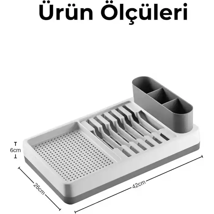 AQUA Pratik Tezgah Üstü Bulaşıklık Tabaklık Kurutmalık - Dayanıklı Plastik Çok Bölmeli Mutfak Düzenleyici Organizer, Kaşıklıklı Geniş Bölmeli Bulaşık Kurutma Rafı, 42x26x6 cm (GRİ)