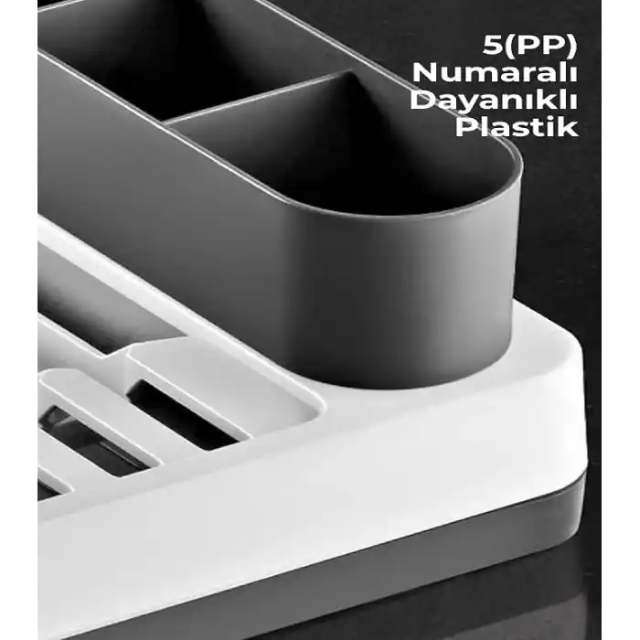 AQUA Pratik Tezgah Üstü Bulaşıklık Tabaklık Kurutmalık - Dayanıklı Plastik Çok Bölmeli Mutfak Düzenleyici Organizer, Kaşıklıklı Geniş Bölmeli Bulaşık Kurutma Rafı, 42x26x6 cm (GRİ)