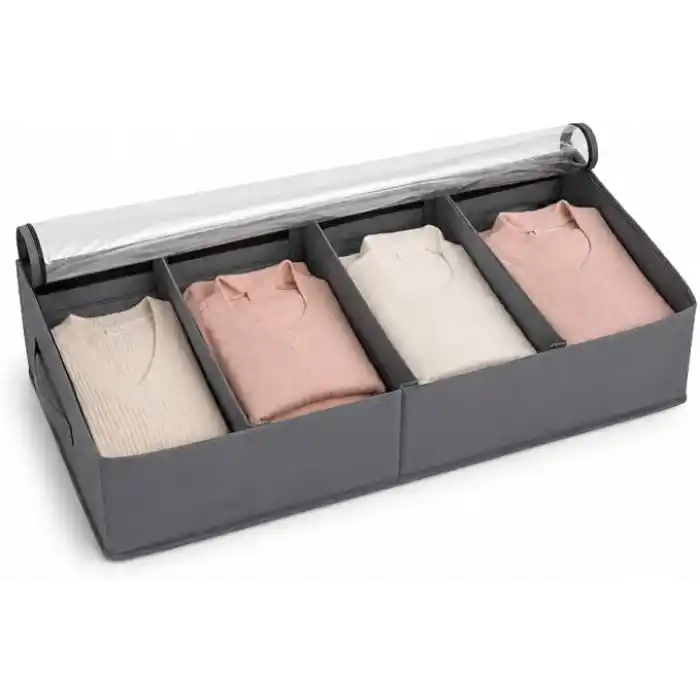 Orret Home Baza Altı 4 Bölmeli Ayarlanabilir Sandık Hurç Organizer, 73x40x16 cm Şeffaf Kapaklı Gri Kıyafet Saklama Kutusu, Yatak Altı Dolap İçi Düzenleyici, Battaniye Nevresim Kazak Hurcu