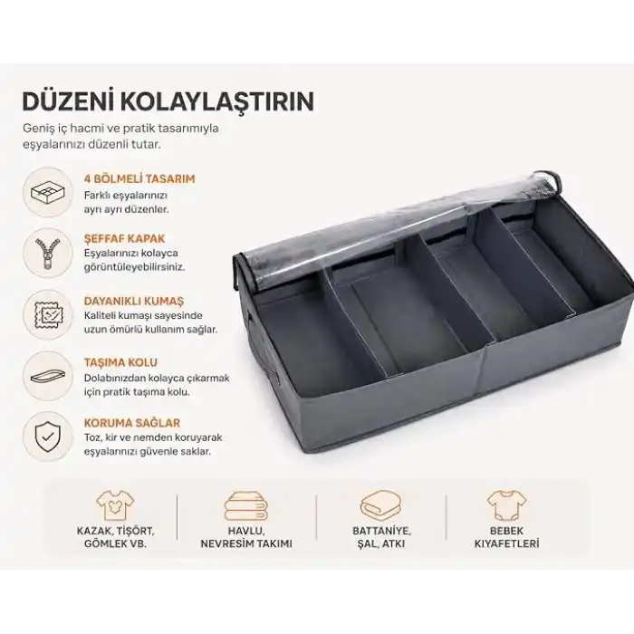 Orret Home Baza Altı 4 Bölmeli Ayarlanabilir Sandık Hurç Organizer, 73x40x16 cm Şeffaf Kapaklı Gri Kıyafet Saklama Kutusu, Yatak Altı Dolap İçi Düzenleyici, Battaniye Nevresim Kazak Hurcu