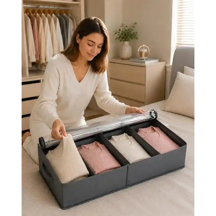 Orret Home Baza Altı 4 Bölmeli Ayarlanabilir Sandık Hurç Organizer, 73x40x16 cm Şeffaf Kapaklı Gri Kıyafet Saklama Kutusu, Yatak Altı Dolap İçi Düzenleyici, Battaniye Nevresim Kazak Hurcu