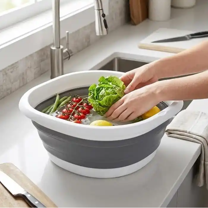 Deconox Katlanır Badya 10 Litre, Katlanabilir Çok Amaçlı Leğen, Dayanıklı Esnek Malzeme, Ev Kamp Bahçe Temizlik Çamaşır ve Saklama İçin Pratik Gri Beyaz Badya