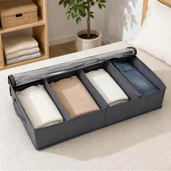 Orret Home Baza Altı 4 Bölmeli Ayarlanabilir Sandık Hurç Organizer, 73x40x16 cm Şeffaf Kapaklı Gri Kıyafet Saklama Kutusu, Yatak Altı Dolap İçi Düzenleyici, Battaniye Nevresim Kazak Hurcu