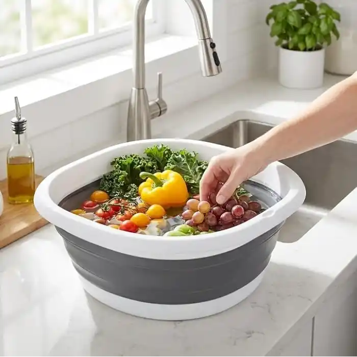 Deconox Katlanır Badya 10 Litre, Katlanabilir Çok Amaçlı Leğen, Dayanıklı Esnek Malzeme, Ev Kamp Bahçe Temizlik Çamaşır ve Saklama İçin Pratik Gri Beyaz Badya
