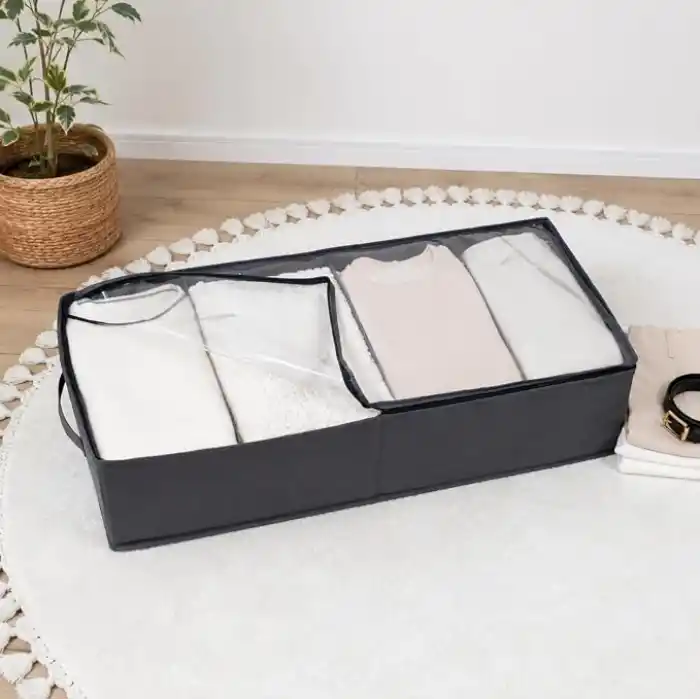 Orret Home Baza Altı 4 Bölmeli Ayarlanabilir Sandık Hurç Organizer, 73x40x16 cm Şeffaf Kapaklı Gri Kıyafet Saklama Kutusu, Yatak Altı Dolap İçi Düzenleyici, Battaniye Nevresim Kazak Hurcu