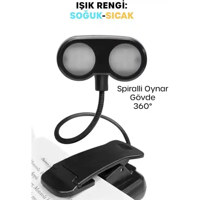 TELVESSE Ledli 2 Renk Işıklı Klipsli Mini Kitap Okuma Lambası Mandallı Masa Lambası Kitap Okuma Işığı 012