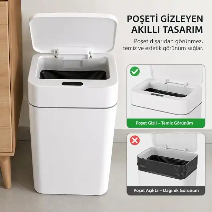 18 Litre Sensörlü Çöp Kovası, Otomatik Temassız Akıllı Çöp Kutusu, Sessiz Kapanan Kapaklı, 2 AA Pille Çalışan, Mutfak Banyo Ofis İçin Beyaz