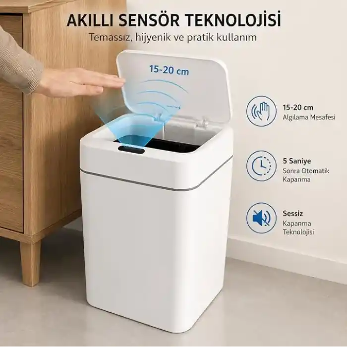 18 Litre Sensörlü Çöp Kovası, Otomatik Temassız Akıllı Çöp Kutusu, Sessiz Kapanan Kapaklı, 2 AA Pille Çalışan, Mutfak Banyo Ofis İçin Beyaz