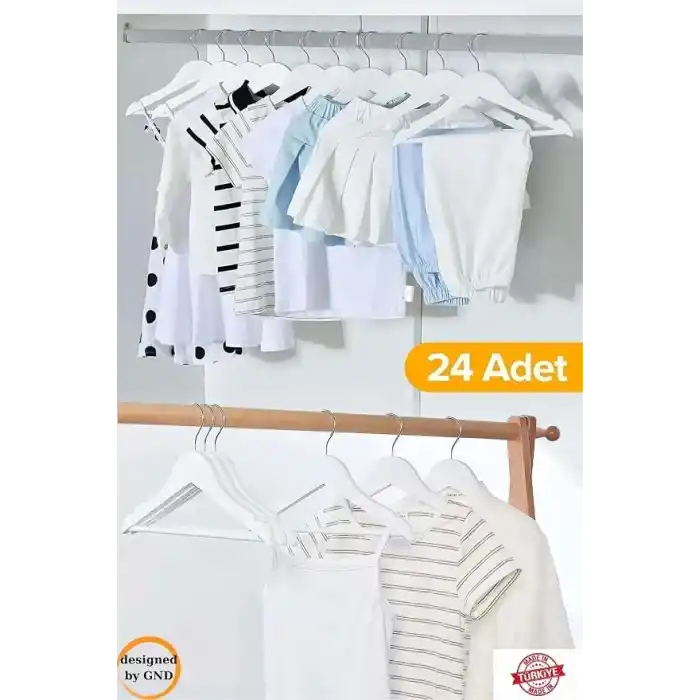 24lü Çocuk Elbise Askısı, Ahşap Görünümlü, Beyaz