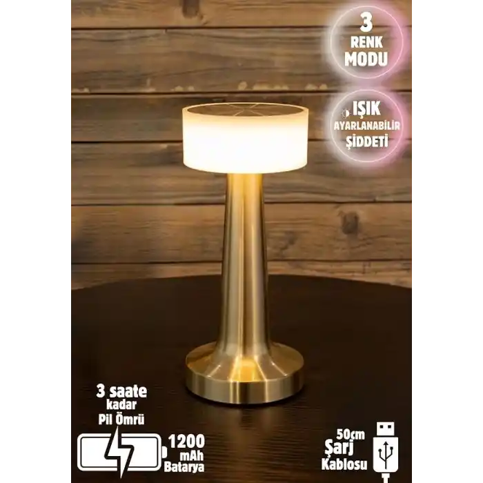 UNİCHROME Dekoratif Şarjlı Dokunmatik Led Masa Lambası Usb Kablolu Gece Lambası ve Abajur Altın