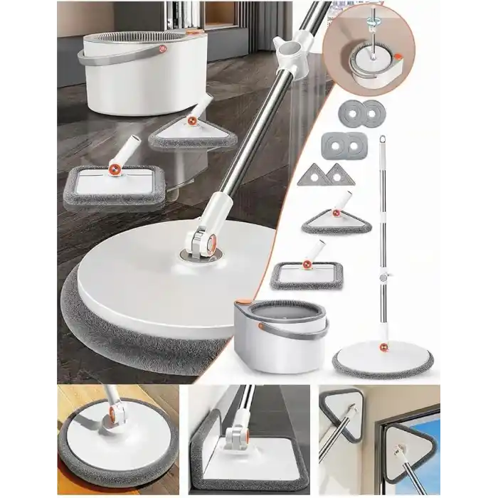Yeni Tasarım Otomatik 360° Döner Mop ve Temizlik Seti, 3 Başlıklı Paspas Mop