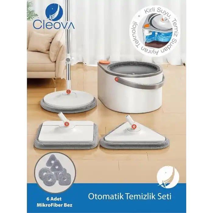 Yeni Tasarım Otomatik 360° Döner Mop ve Temizlik Seti, 3 Başlıklı Paspas Mop