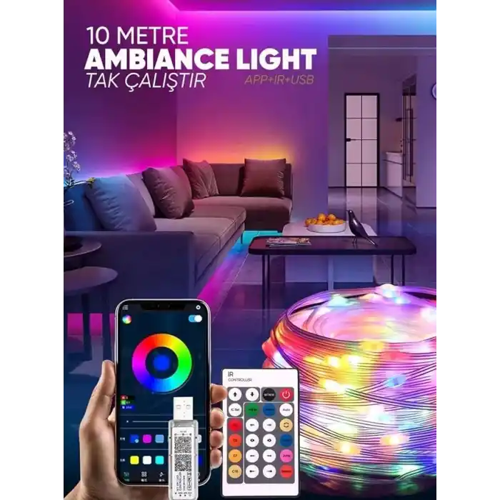 Amber LED Pixel Rgb Magic Peri ışık - 5v Usb Girişli, Bluetooth Uygulamalı, Uzaktan Kumandalı, Müziğe Duyarlı, Suya Dayanıklı, Parti, Yılbaşı, Doğum Günü, Eğlence için (10 Metre)