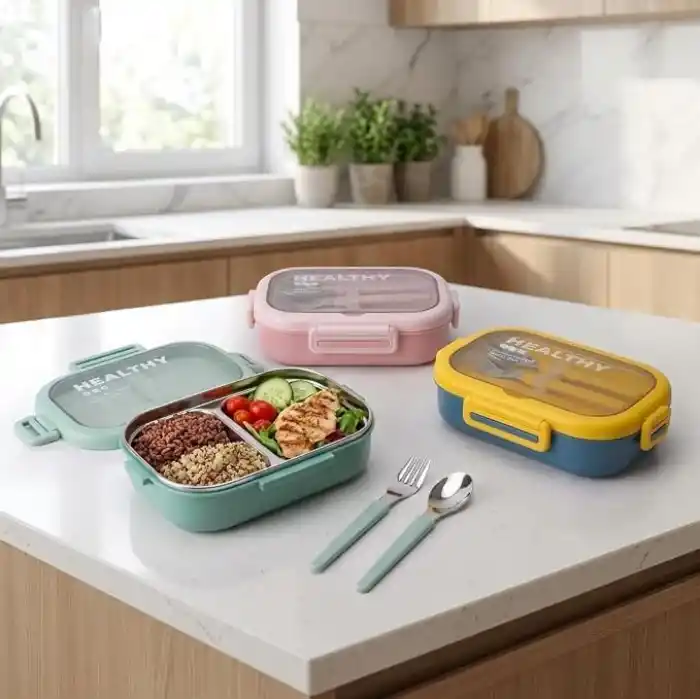 Deconox Paslanmaz Çelik Yemek Kabı 800 ml, 2 Bölmeli Lunch Box, Çatal Kaşık Dahil, Kilitli Kapaklı Saklama ve Taşıma Kabı, 21x15x6,6 cm, Pembe/Mavi/Yeşil