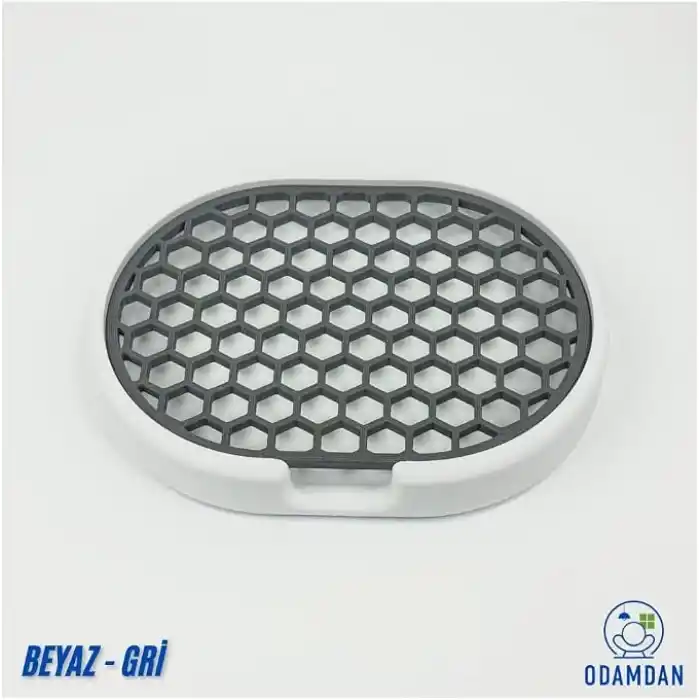 Modern Çift Renkli Katı Sabunluk - Su Tahliyeli ve Izgaralı Tasarım (9x12 cm) (Beyaz-Gri)