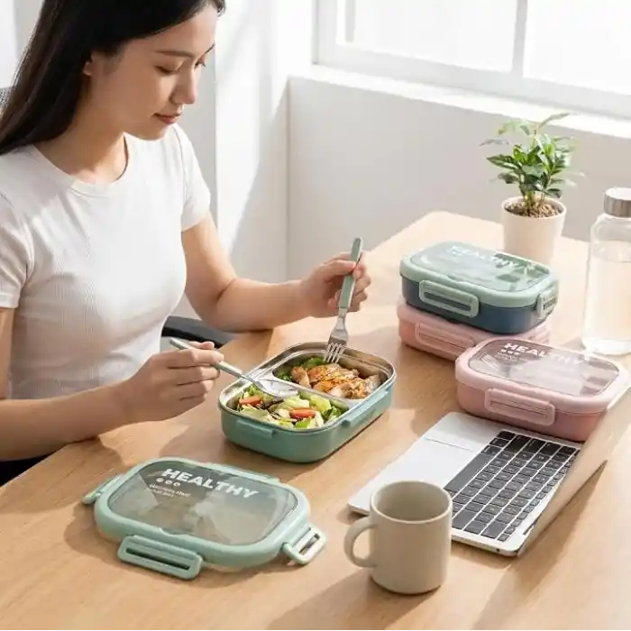 Deconox Paslanmaz Çelik Yemek Kabı 800 ml, 2 Bölmeli Lunch Box, Çatal Kaşık Dahil, Kilitli Kapaklı Saklama ve Taşıma Kabı, 21x15x6,6 cm, Pembe/Mavi/Yeşil