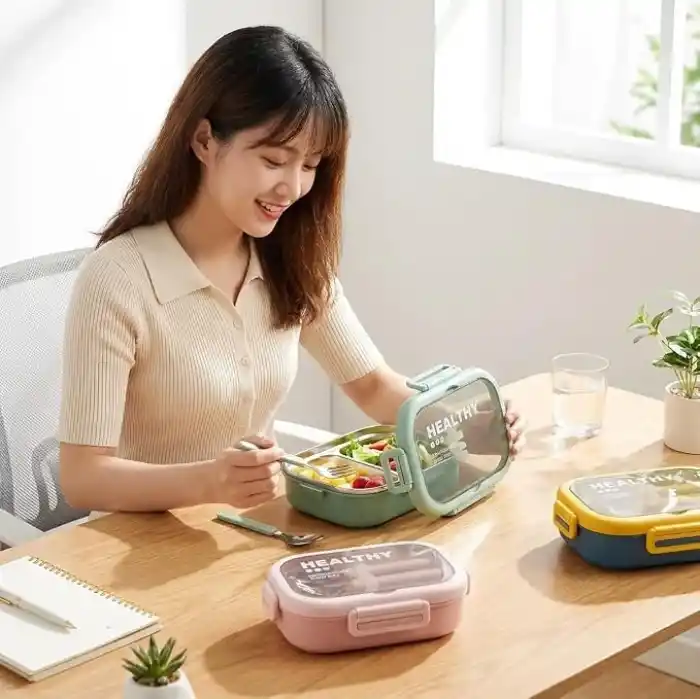 Deconox Paslanmaz Çelik Yemek Kabı 800 ml, 2 Bölmeli Lunch Box, Çatal Kaşık Dahil, Kilitli Kapaklı Saklama ve Taşıma Kabı, 21x15x6,6 cm, Pembe/Mavi/Yeşil