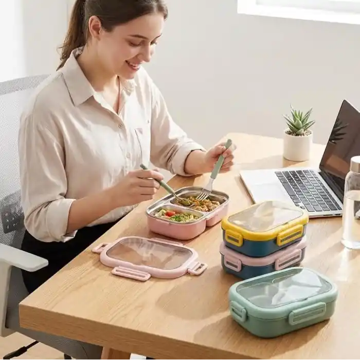 Deconox Paslanmaz Çelik Yemek Kabı 800 ml, 2 Bölmeli Lunch Box, Çatal Kaşık Dahil, Kilitli Kapaklı Saklama ve Taşıma Kabı, 21x15x6,6 cm, Pembe/Mavi/Yeşil