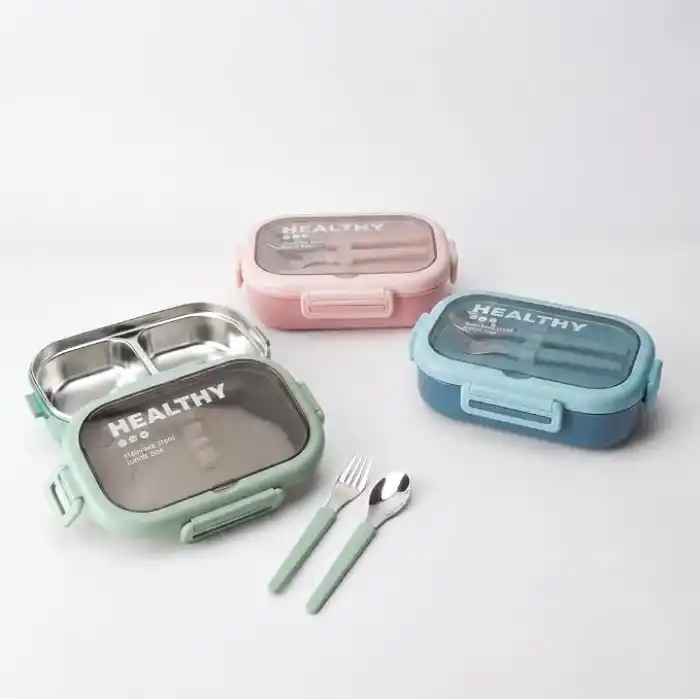Deconox Paslanmaz Çelik Yemek Kabı 800 ml, 2 Bölmeli Lunch Box, Çatal Kaşık Dahil, Kilitli Kapaklı Saklama ve Taşıma Kabı, 21x15x6,6 cm, Pembe/Mavi/Yeşil
