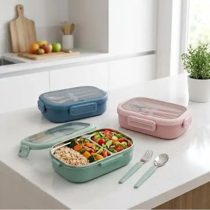 Deconox Paslanmaz Çelik Yemek Kabı 800 ml, 2 Bölmeli Lunch Box, Çatal Kaşık Dahil, Kilitli Kapaklı Saklama ve Taşıma Kabı, 21x15x6,6 cm, Pembe/Mavi/Yeşil
