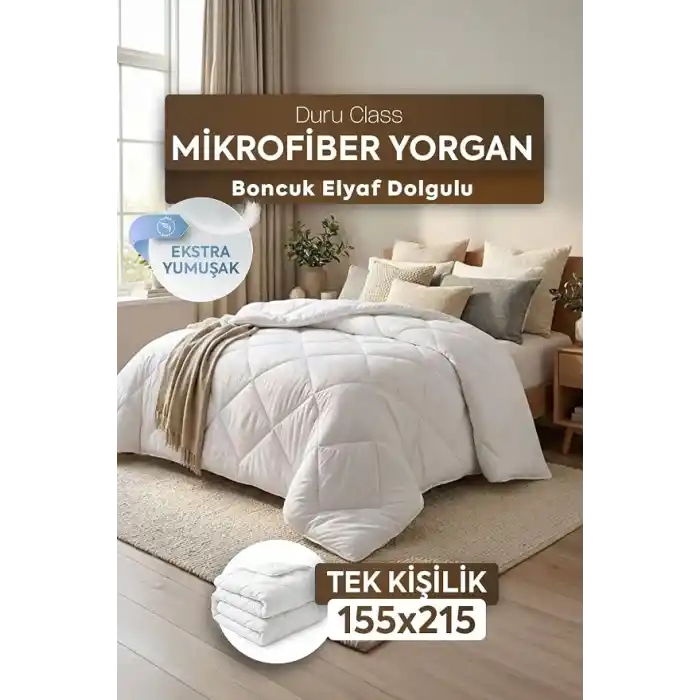 Tek Kişilik Mikrofiber Yorgan Ekstra Yumuşak Silikon Elyaf 155x215 -Silikon Elyaf Konforu Beyaz 155 x 215 DuruClass Home