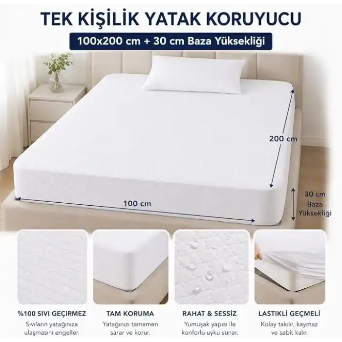 Sıvı Geçirmez Fitted Yatak Koruyucu Alez – Tek Kişilik 100x200 cm + 30 cm – Lastikli Geçmeli, Yıkanabilir, Leke Tutmayan Yatak Koruma Örtüsü – Beyaz