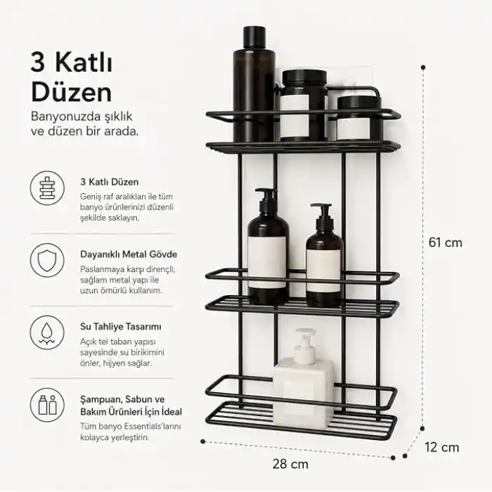 Alper Banyo 3 Katlı Siyah Düz Banyo Rafı, Yapışkanlı ve Vidalı Montajlı Duş Rafı, Şampuanlık ve Banyo Düzenleyici Raf