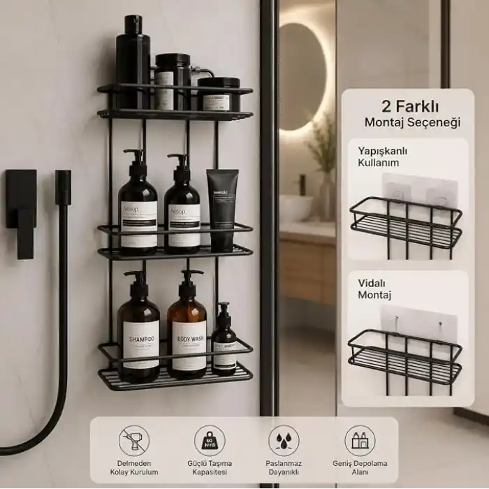 Alper Banyo 3 Katlı Siyah Düz Banyo Rafı, Yapışkanlı ve Vidalı Montajlı Duş Rafı, Şampuanlık ve Banyo Düzenleyici Raf