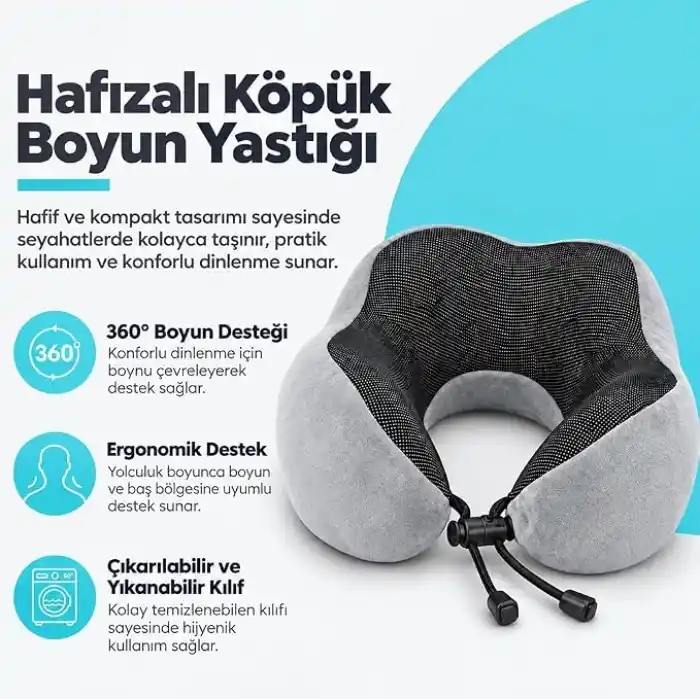 Seyahat Boyun Yastığı - Hafızalı Köpük, 360° Destekli, Ortopedik Seyahat Yastığı - Ayarlanabilir Çene Desteği, Yumuşak Kumaş, Yıkanabilir Kılıf, Gizli Fermuar, Uçak ve Araç Seyahatları İçin