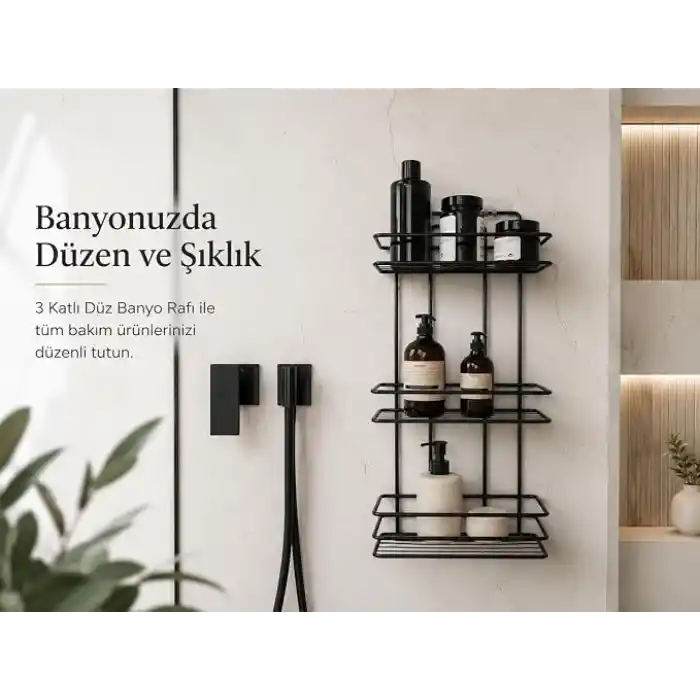 Alper Banyo 3 Katlı Siyah Düz Banyo Rafı, Yapışkanlı ve Vidalı Montajlı Duş Rafı, Şampuanlık ve Banyo Düzenleyici Raf