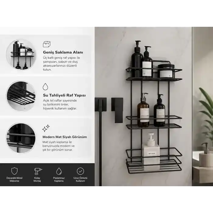 Alper Banyo 3 Katlı Siyah Düz Banyo Rafı, Yapışkanlı ve Vidalı Montajlı Duş Rafı, Şampuanlık ve Banyo Düzenleyici Raf