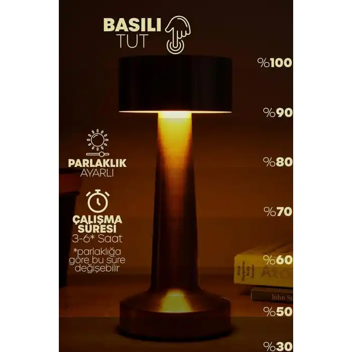 TELVESSE Şarjlı Dokunmatik Masa Lambası Metal 3 Işık Parlaklık Ayarlı Gece Masa Üstü Lamba Bakır A3