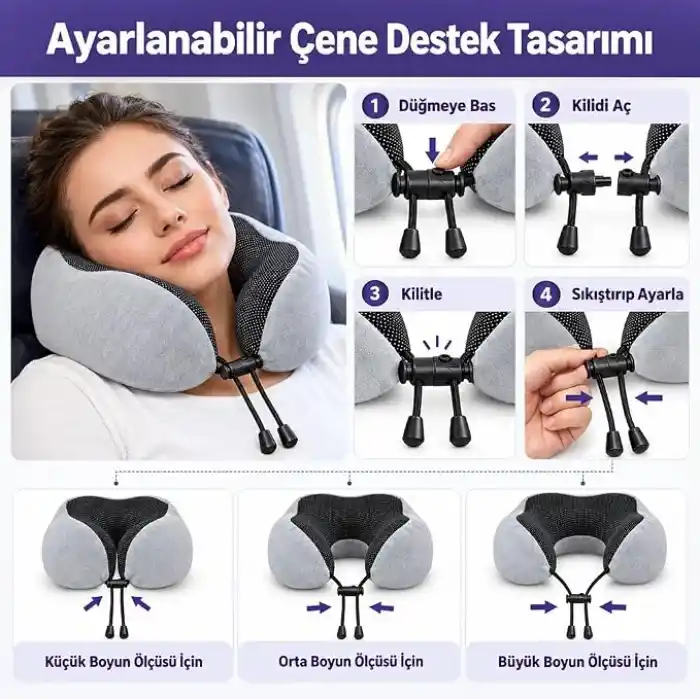 Seyahat Boyun Yastığı - Hafızalı Köpük, 360° Destekli, Ortopedik Seyahat Yastığı - Ayarlanabilir Çene Desteği, Yumuşak Kumaş, Yıkanabilir Kılıf, Gizli Fermuar, Uçak ve Araç Seyahatları İçin