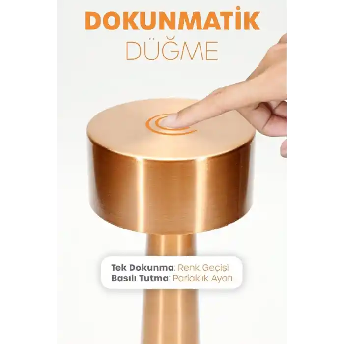 TELVESSE Şarjlı Dokunmatik Masa Lambası Metal 3 Işık Parlaklık Ayarlı Gece Masa Üstü Lamba Bakır A3