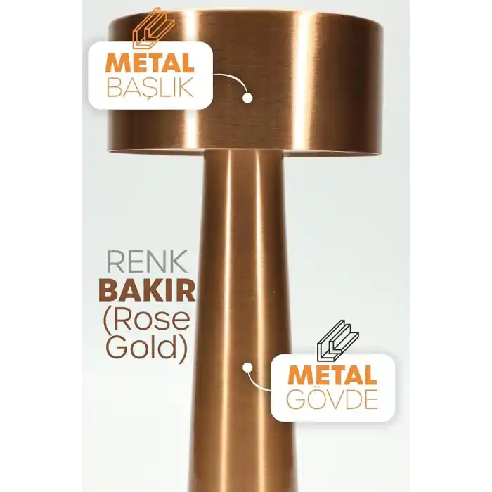 TELVESSE Şarjlı Dokunmatik Masa Lambası Metal 3 Işık Parlaklık Ayarlı Gece Masa Üstü Lamba Bakır A3