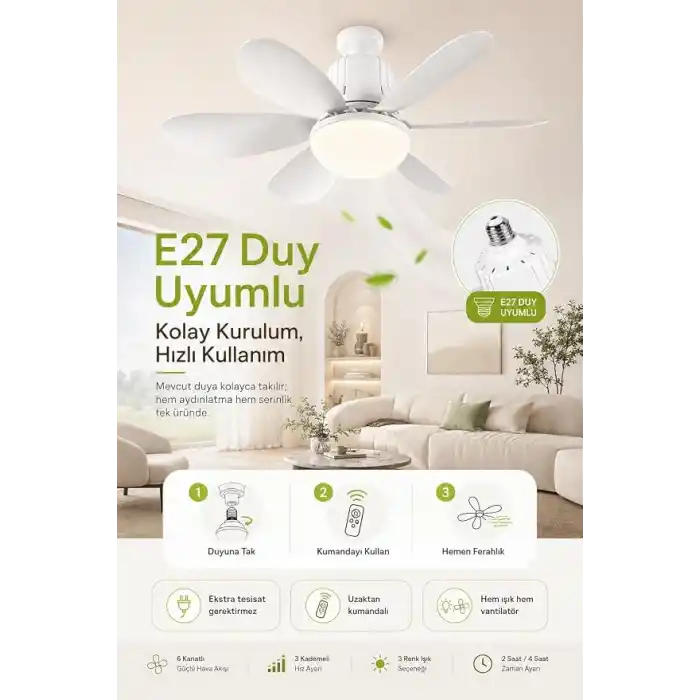 Tavan Vantilatörü Led Işık 3 Renk Işık Sıcaklığı Ayarlanabilir 3 Kademe Hız Modu Sessiz 52 Cm Çap 6 Kanat Uzaktan Kumandalı Vantilatör (Beyaz)
