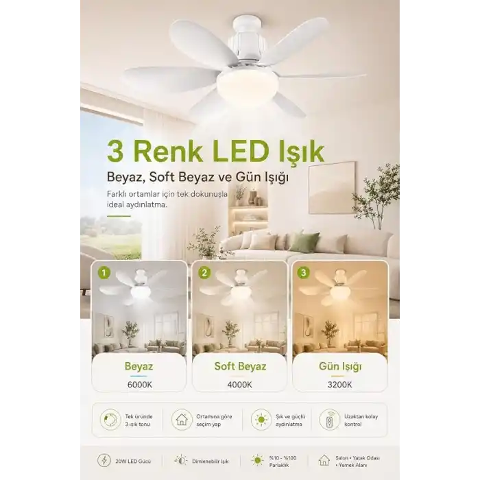 Tavan Vantilatörü Led Işık 3 Renk Işık Sıcaklığı Ayarlanabilir 3 Kademe Hız Modu Sessiz 52 Cm Çap 6 Kanat Uzaktan Kumandalı Vantilatör (Beyaz)