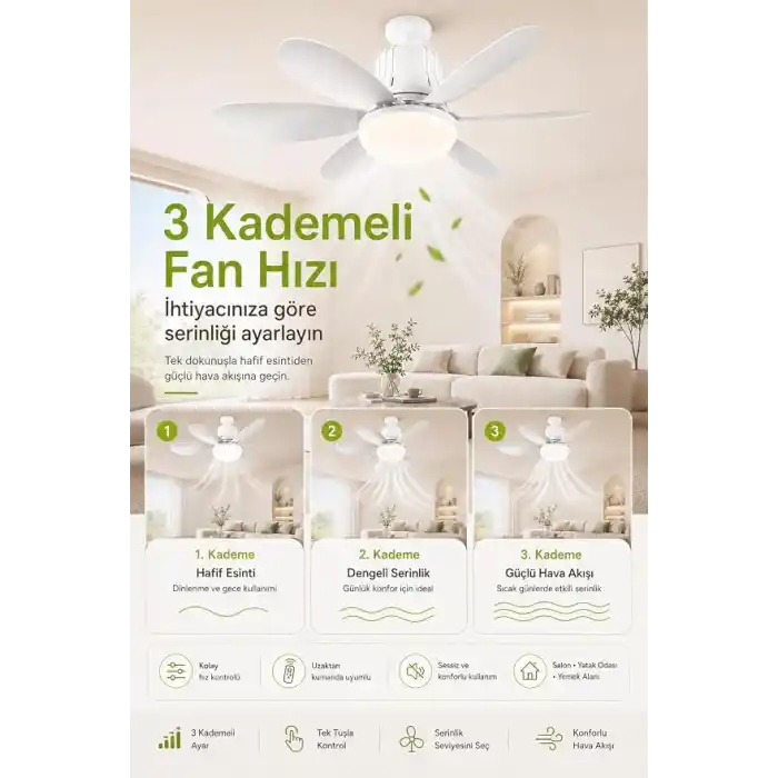Tavan Vantilatörü Led Işık 3 Renk Işık Sıcaklığı Ayarlanabilir 3 Kademe Hız Modu Sessiz 52 Cm Çap 6 Kanat Uzaktan Kumandalı Vantilatör (Beyaz)