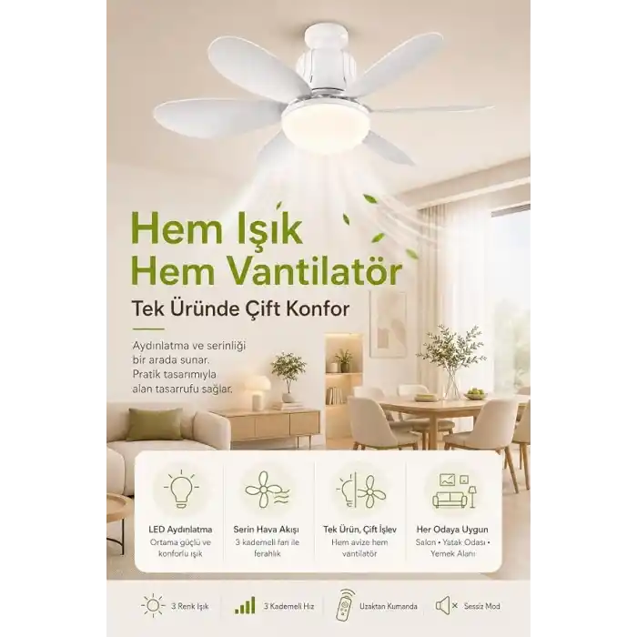 Tavan Vantilatörü Led Işık 3 Renk Işık Sıcaklığı Ayarlanabilir 3 Kademe Hız Modu Sessiz 52 Cm Çap 6 Kanat Uzaktan Kumandalı Vantilatör (Beyaz)