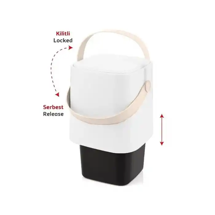Coverest Tutma Saplı İç Kovalı Tezgah Üstü Mutfak Çöp Kovası, 4 Litre, Kilitli Kapak, Click Kapak, 20x20x22 cm (BEYAZ, 4 LİTRE)