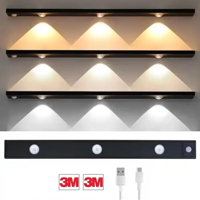 Hareket Sensörlü Ledli Gece Lambası, Parlaklık Ayarı Yapılabilir, 3000K-6000K, 3 Mod, Kablosuz, Merdiven Aydınlatması, USB Şarj Edilebilir Işık, LED Manyetik Lamba (Cata - Bella - Siyah 40 Cm)
