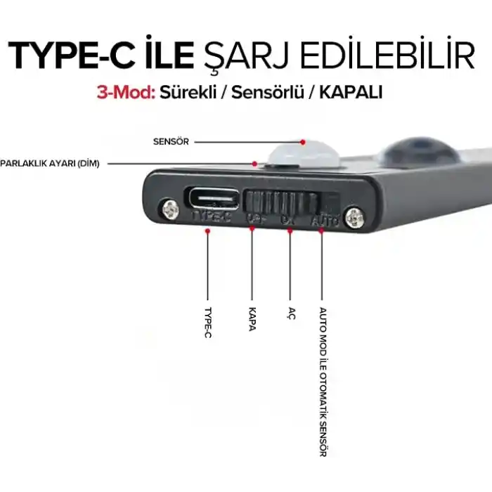Hareket Sensörlü Ledli Gece Lambası, Parlaklık Ayarı Yapılabilir, 3000K-6000K, 3 Mod, Kablosuz, Merdiven Aydınlatması, USB Şarj Edilebilir Işık, LED Manyetik Lamba (Cata - Bella - Siyah 40 Cm)
