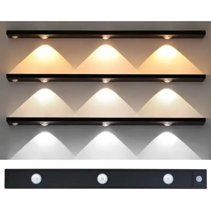Hareket Sensörlü Ledli Gece Lambası, Parlaklık Ayarı Yapılabilir, 3000K-6000K, 3 Mod, Kablosuz, Merdiven Aydınlatması, USB Şarj Edilebilir Işık, LED Manyetik Lamba (Cata - Bella - Siyah 40 Cm)