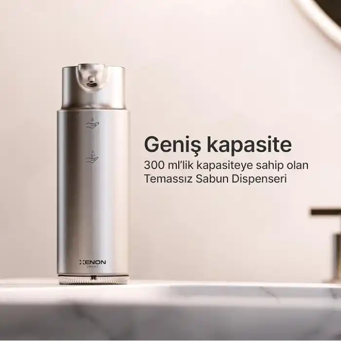 Xenon Smart Sensörlü Sıvı Sabunluk Temassız Otomatik Sabun Dispenseri 300 ml 1500 mAh Type-C Şarjlı Paslanmaz Çelik 2 Kademeli Gri X6840