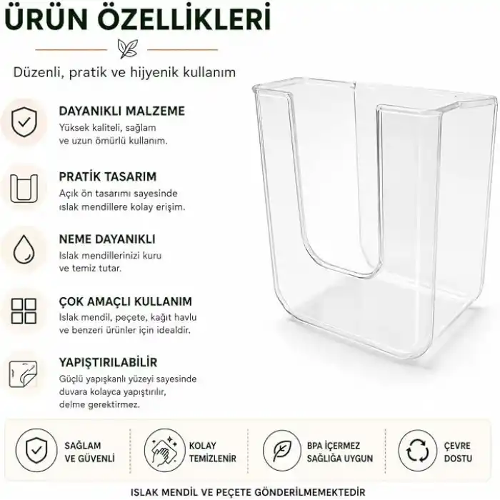 Orret Home Duvara Yapıştırılabilir Islak Mendil Kutusu, Şeffaf Kırılmaz Plastik Mendillik Peçetelik, Yapışkanlı Duvar Tipi Islak Mendil Tutucu Organizer, Banyo Mutfak, 11,5 x 8,5 x 14 cm