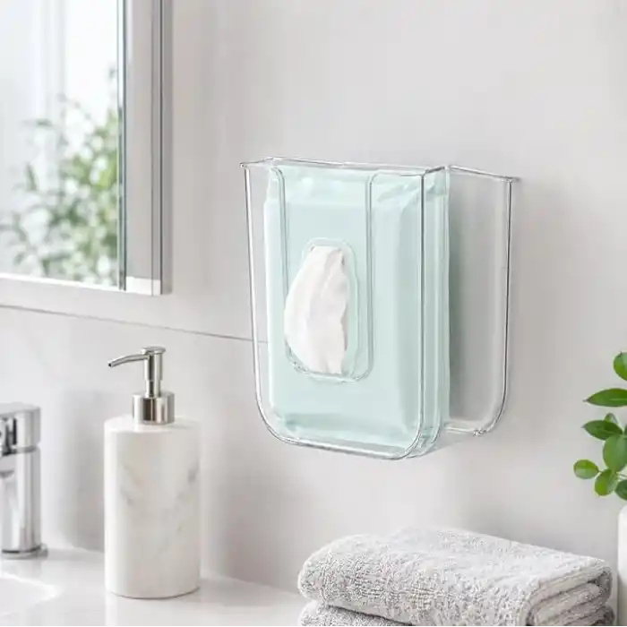 Orret Home Duvara Yapıştırılabilir Islak Mendil Kutusu, Şeffaf Kırılmaz Plastik Mendillik Peçetelik, Yapışkanlı Duvar Tipi Islak Mendil Tutucu Organizer, Banyo Mutfak, 11,5 x 8,5 x 14 cm