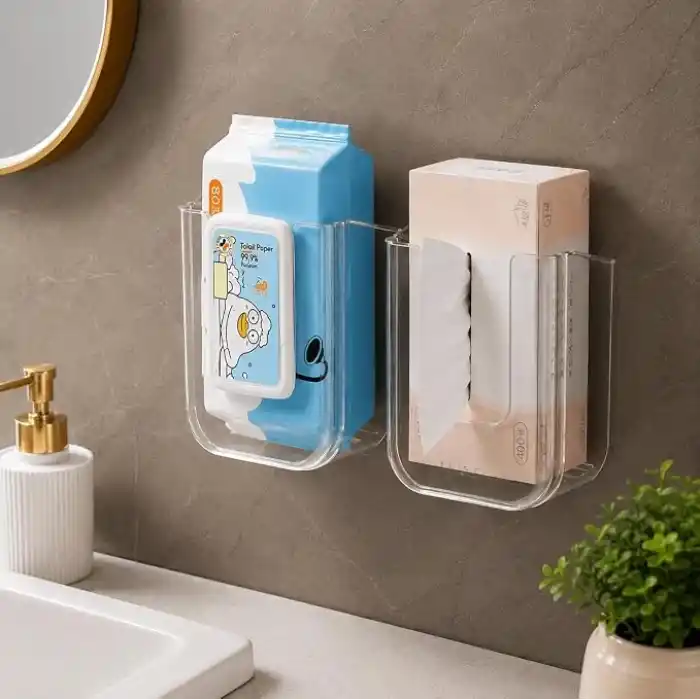 Orret Home Duvara Yapıştırılabilir Islak Mendil Kutusu, Şeffaf Kırılmaz Plastik Mendillik Peçetelik, Yapışkanlı Duvar Tipi Islak Mendil Tutucu Organizer, Banyo Mutfak, 11,5 x 8,5 x 14 cm